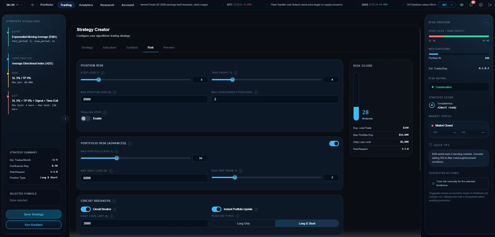 Pulsar Strategy Creator showing position sizing, risk parameters and a live risk score